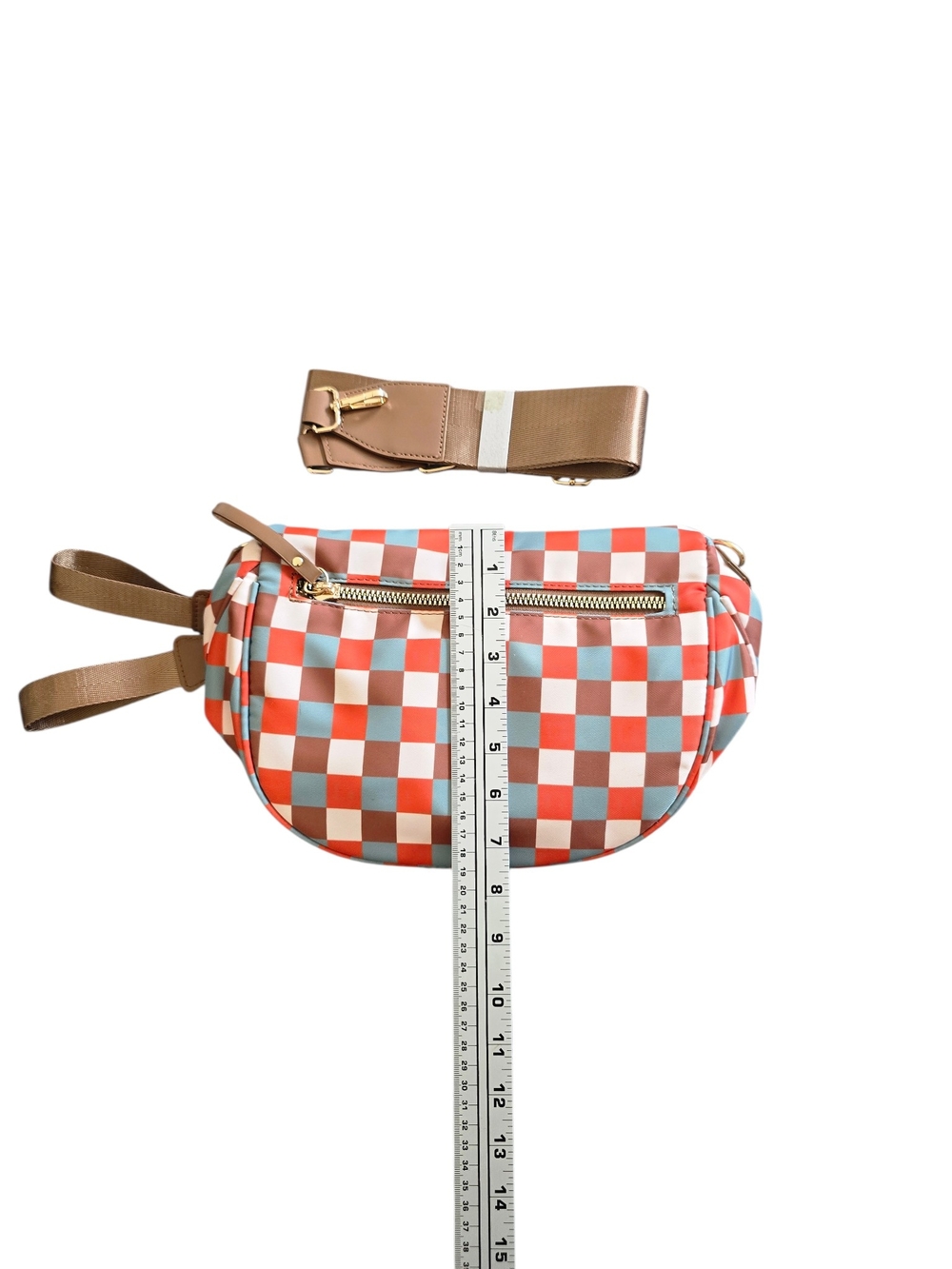 Checkerboard Crossbody Sling Bag - Brown/Blue/White Checkers - Picture 4 of 5